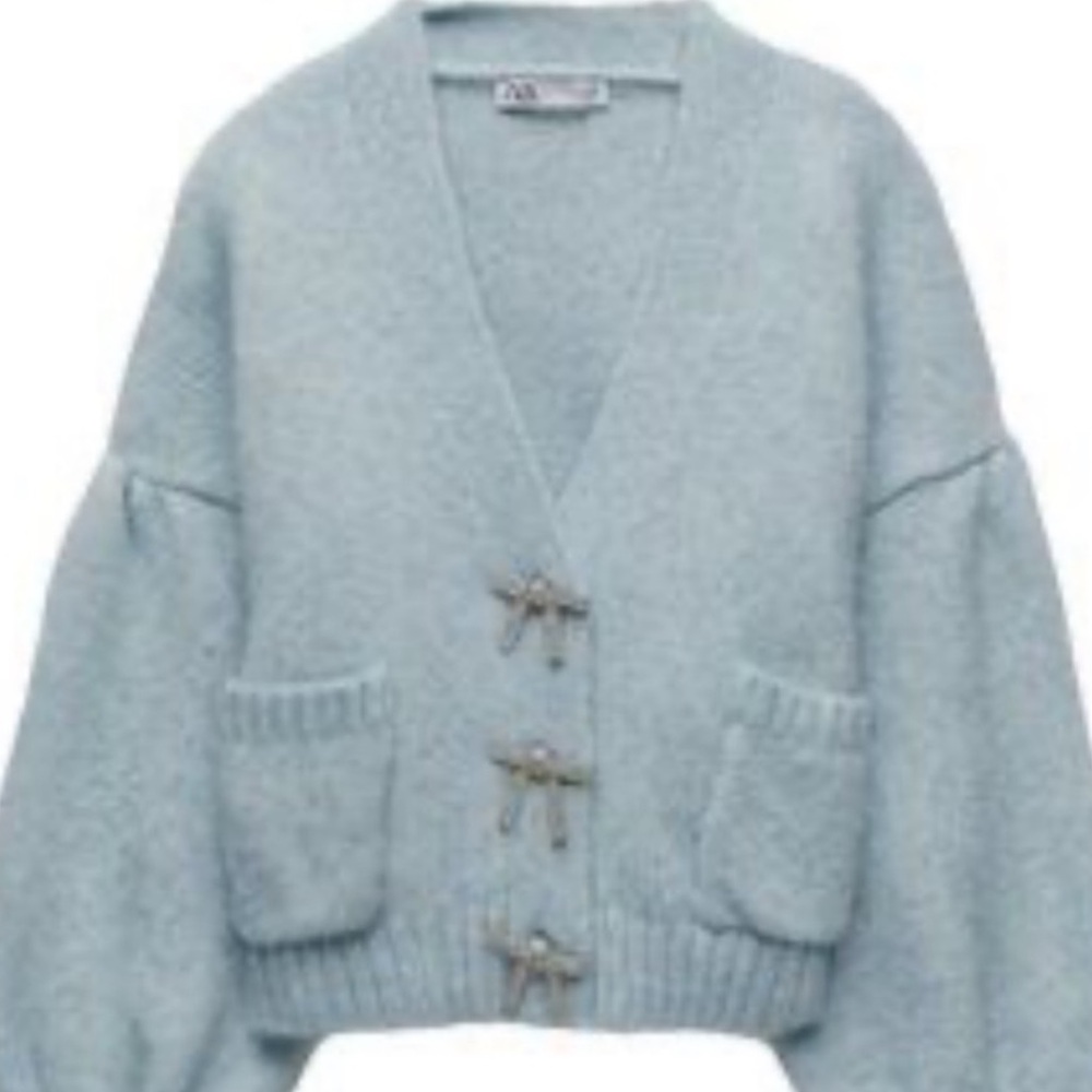 ZARA Super Sweet @ Pretty Womens Warm Blue Sweater W/3 Crystal Bows Sz Medium